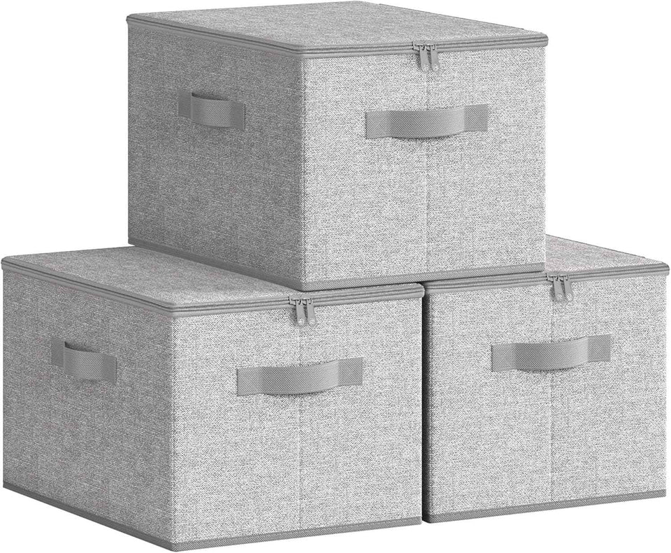 SONGMICS Foldable Storage Organizer Boxes, Set of 3 Storage Basket Bins with Lids, Handles, Clothes Organizer, 15.7 x 11.8 x 9.8 Inches, Non-Woven Fabric, Summer Sand URZB003K01