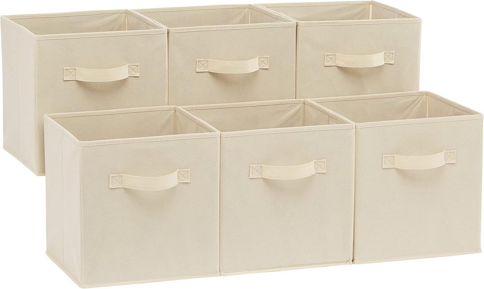Collapsible Fabric Storage Cubes with Handles, Beige, 10.5 x 10.5 x 11-inch, Pack of 6