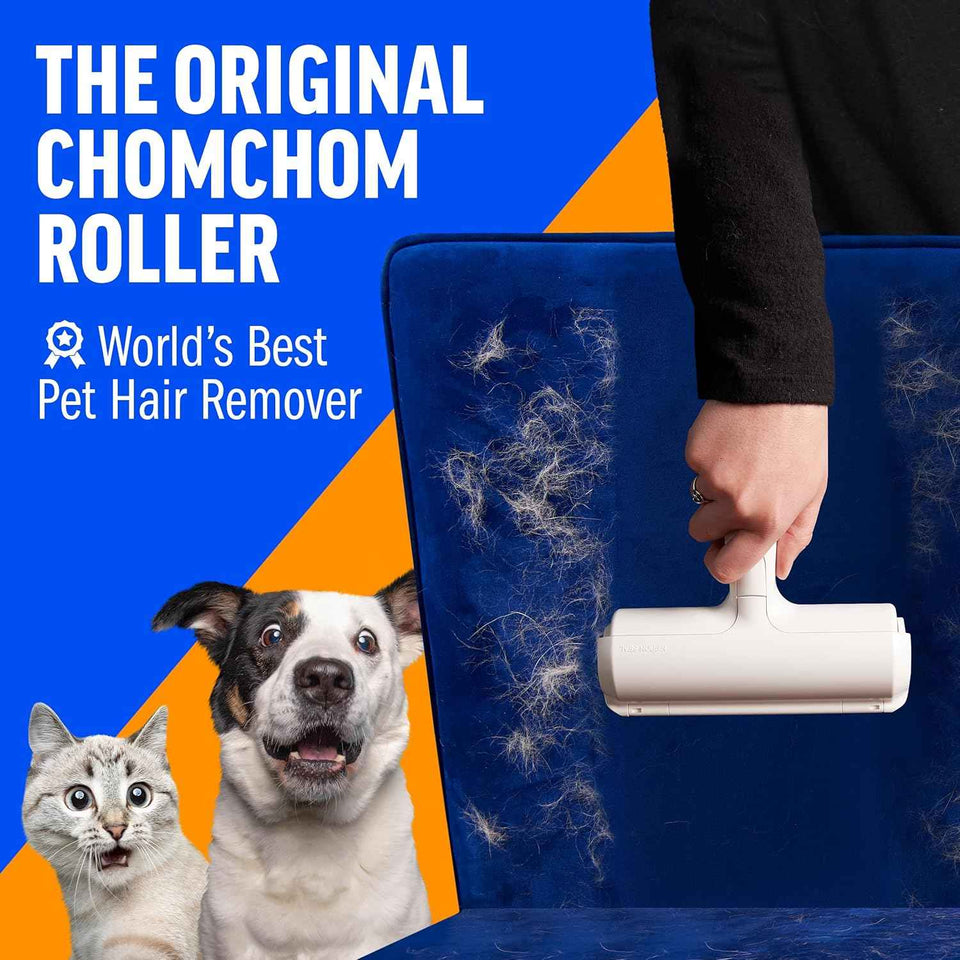ChomChom roller pet hair remover and reusable lint roller for cat and dog hair removal on furniture, couch, carpet, clothing and bedding