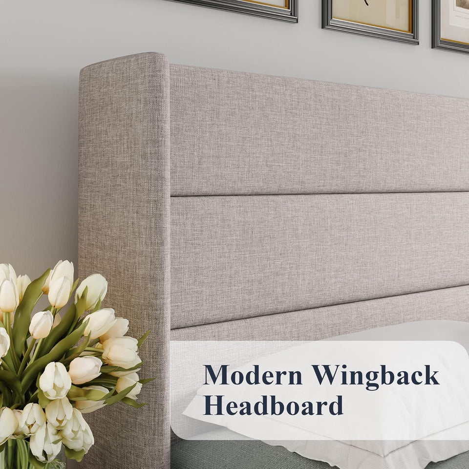 Allewie King Size Lift Up Storage Bed, Modern Wingback Headboard, Hydraulic Support, No Box Spring Needed, Light Beige