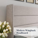 Allewie King Size Lift Up Storage Bed, Modern Wingback Headboard, Hydraulic Support, No Box Spring Needed, Light Beige