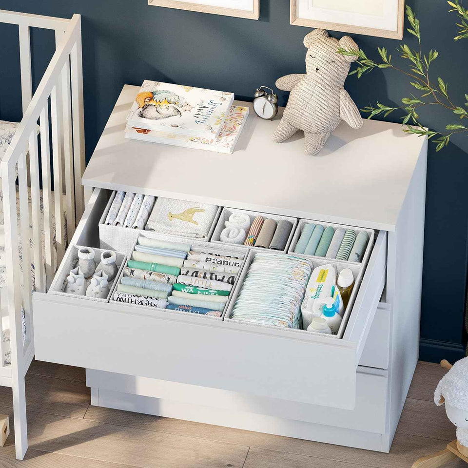White-Grey Dresser Organizer Set of 12 PCS - Perfect for Nursery, Bedroom, Closet, Baby Clothes Organizer and Storage