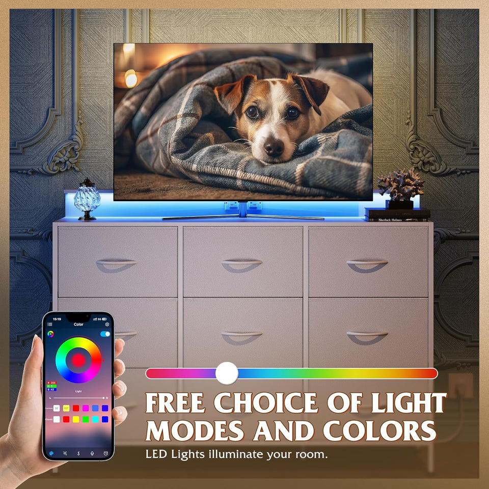 WLIVE White TV Stand for 45, 50, 55 inch TV, Entertainment Center with LED Lights & Charging Station, TV Media Console Table with 9 Fabric Drawers and Open Shelves for Living Room, Hallway, Wood Top