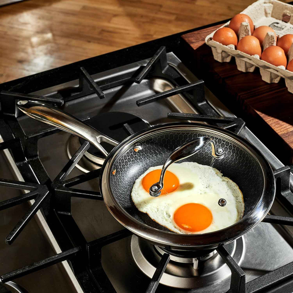 HexClad Hybrid Nonstick 8-Inch Frying Pan with Tempered Glass Lid, Stay-Cool Handle, Dishwasher-Friendly, Oven-Safe Up to 900°F, Induction Ready, Compatible with All Cooktops