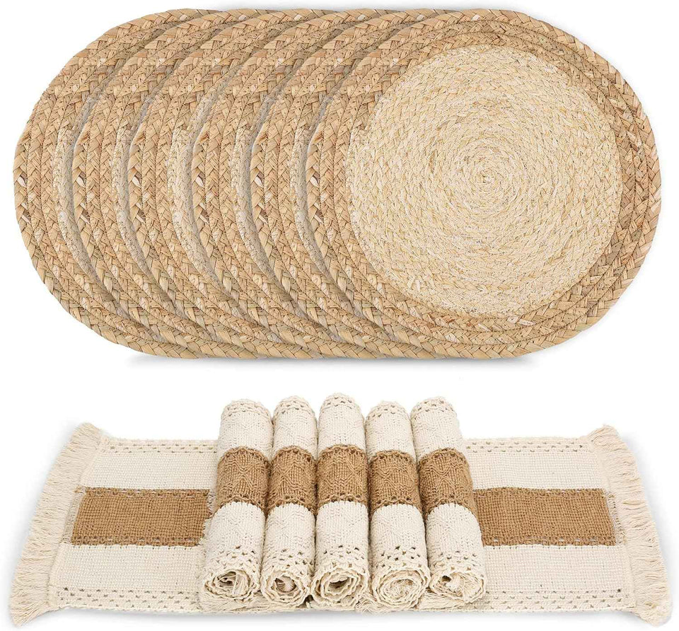 Handmade Boho Natural Cotton Burlap Placemats Set of 6 for Dining Table Kitchen