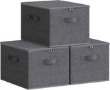 SONGMICS Foldable Storage Organizer Boxes, Set of 3 Storage Basket Bins with Lids, Handles, Clothes Organizer, 15.7 x 11.8 x 9.8 Inches, Non-Woven Fabric, Summer Sand URZB003K01