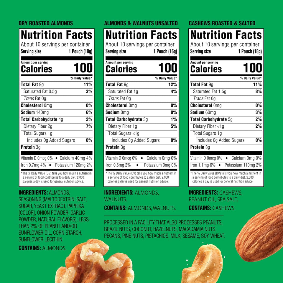 emerald nuts 18ct mixed nuts variety pack 100-calorie individual packs dry roasted almonds natural almonds walnuts roasted salted cashews