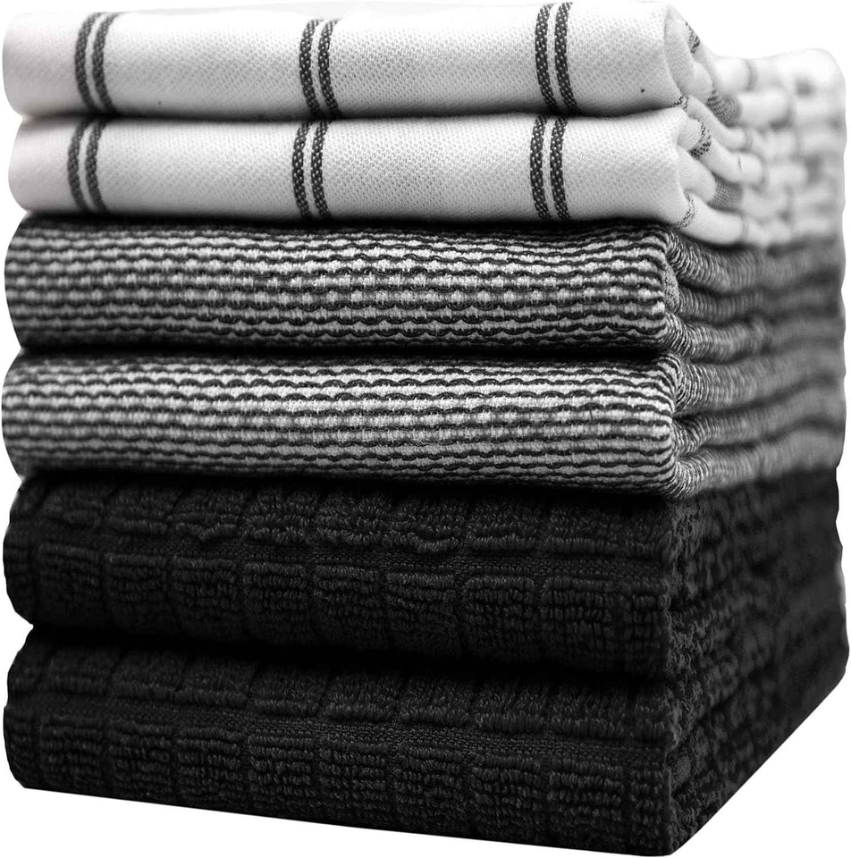 Premium Kitchen Towels (20”x 28”, 6 Pack) | Large Cotton Kitchen Hand Towel | Flat & Terry Dish Cloths | Highly Absorbent Tea Towels Set with Hanging Loop | Gray