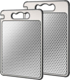 Double Sided 304 Stainless Steel & Wheat Straw Cutting Board, 14.4"*9.8" Non Toxic Chopping Board, Separately Handle Meat and Vegetables, Dishwasher Safe, Scratch Resistant Mesh Design