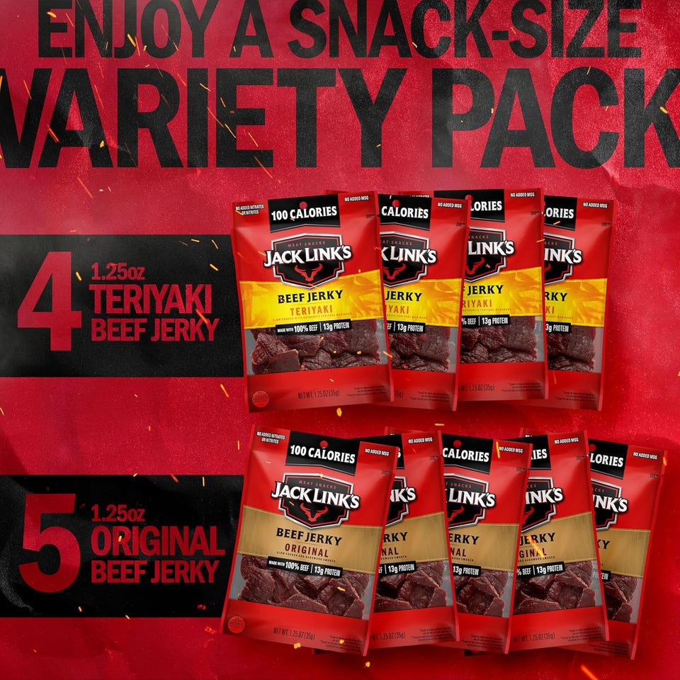 Jack Link's Beef Jerky Variety Pack - Includes Original and Teriyaki Jerky, Bulk Protein Snack Pack, Good Source of Protein, Meat Snacks Made with 100% Beef, Individual Bags - 1.25 Oz (Pack of 9)