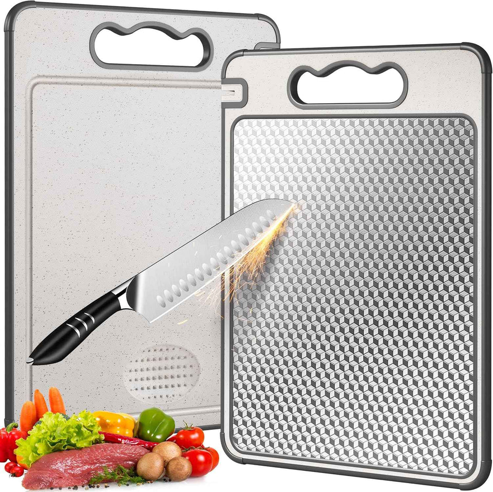 Double Sided 304 Stainless Steel & Wheat Straw Cutting Board with Non-Toxic Design, 14.4'' x 9.8'' Chopping Board, Dishwasher Safe