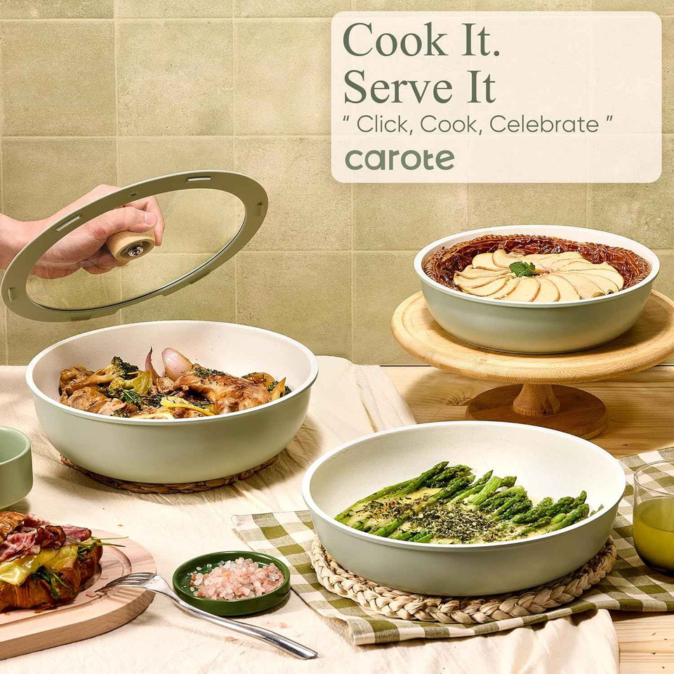 CAROTE 19pcs Nonstick Cookware Set with Detachable Handle, Induction Ready, Oven Safe, Sage Green, RV Cookware