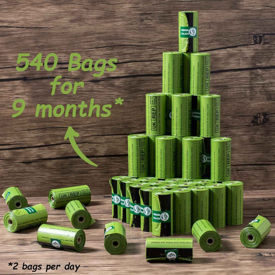 Greener Walker Poop Bags for Dog Waste, Extra Thick, Strong, 100% Leak Proof, 540 Bags, Green