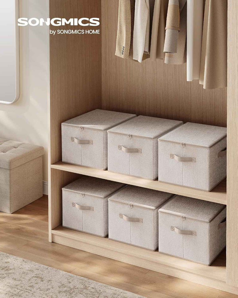 songmics foldable fabric storage organizer boxes set of 3 bins with lids and handles