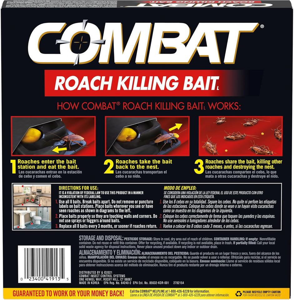 Combat Roach Killing Bait, Roach Bait Station For Large Roaches, Kills The Nest, Child-Resistant, 8 Count,Insects