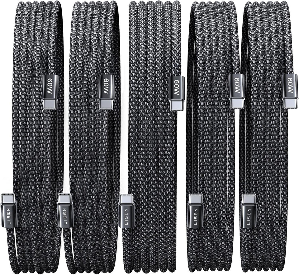 Lisen 5-pack usb c to c cable, 60w fast charging, 10ft for iphone 17, ipad, galaxy s25/s24