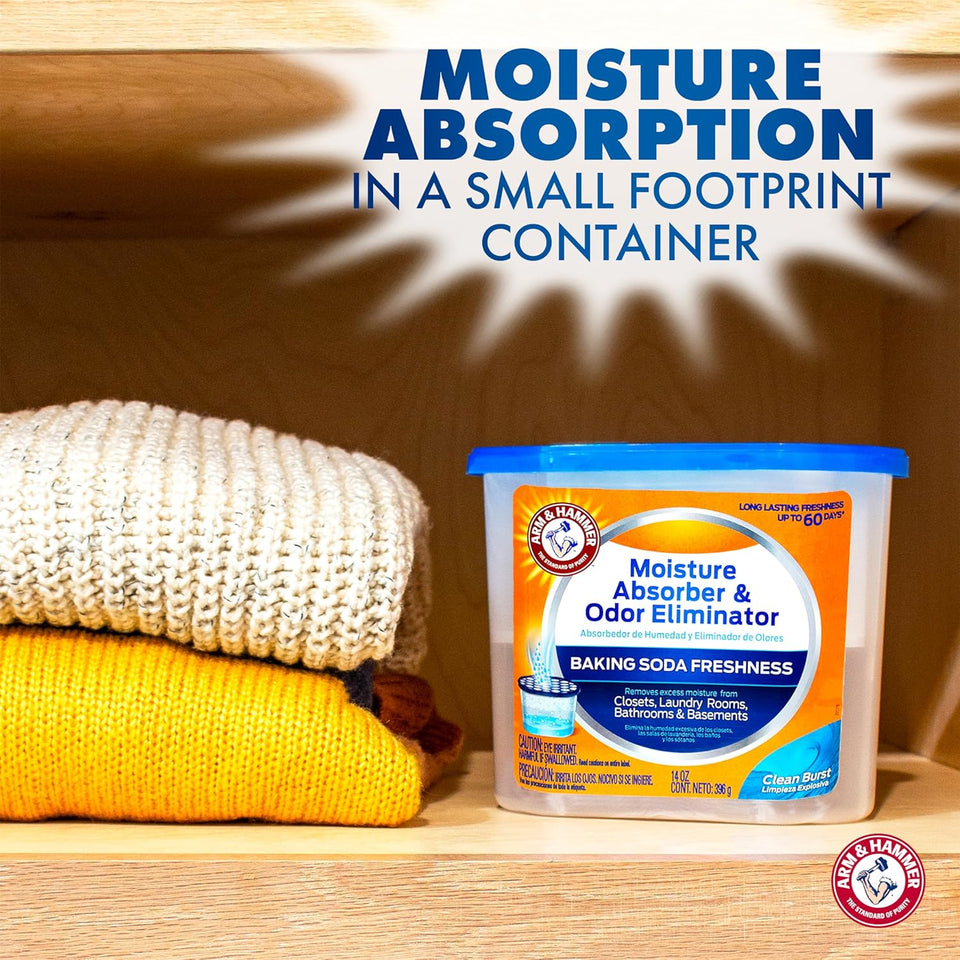 Arm & Hammer Clean Burst Moisture Absorber and Odor Eliminator Tubs, 14 oz, 3 Pack, Attract and Trap Excess Moisture, Eliminate Musty Odors, Convenient and Effective, White