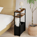 Narrow Side Table, Slim End Tables with Fabric Basket, Skinny Table for Small Spaces, Thin Bedside Table for Living Room, Bedroom