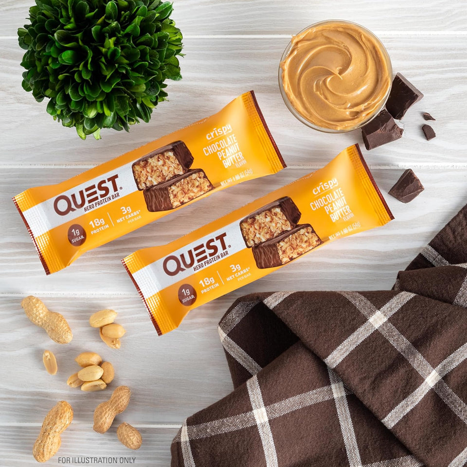Quest Nutrition Crispy Chocolate Peanut Butter Hero Protein Bar, 18g Protein, 1g Sugar, 3g Net Carb, Gluten Free Protein Snack, Keto Friendly, 12 Count