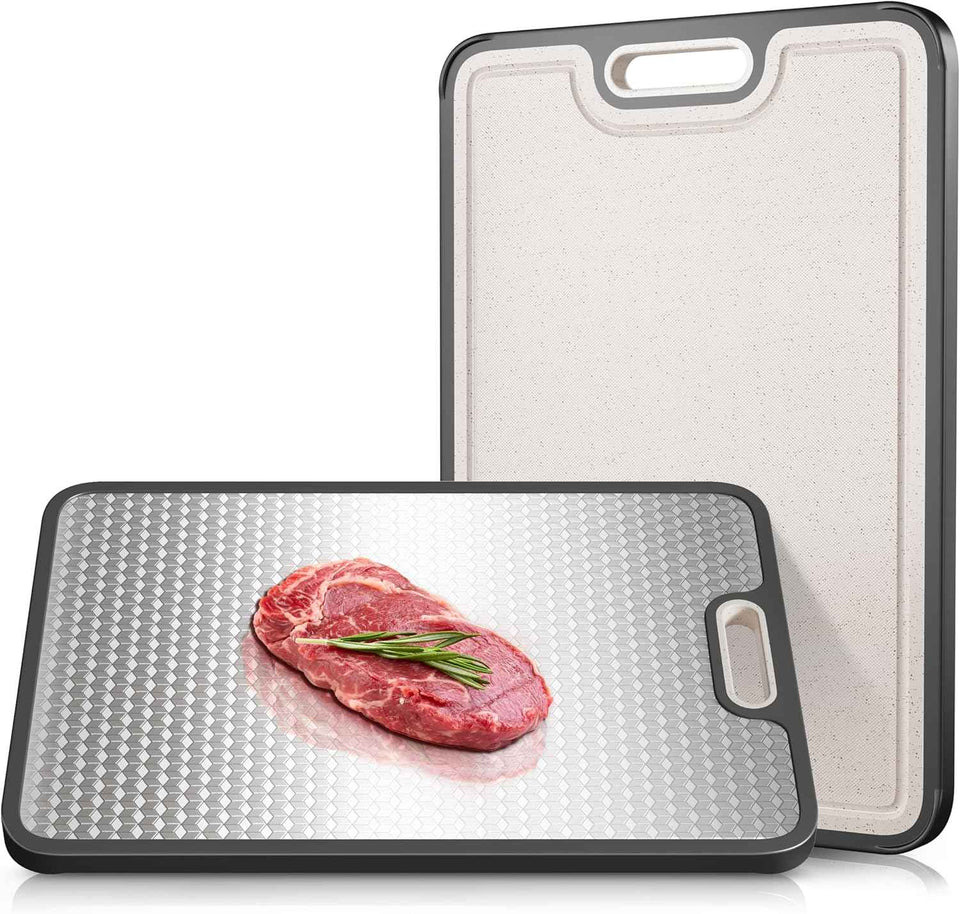 Double Sided 304 Stainless Steel & Wheat Straw Cutting Board, 14.4"*9.8" Non Toxic Chopping Board, Separately Handle Meat and Vegetables, Dishwasher Safe, Scratch Resistant Mesh Design