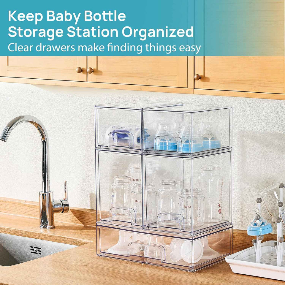 Vtopmart Stackable Storage Drawers Set of 5 - Clear Plastic Organizer Bins for Baby Bottle, Beauty Supplies, Kitchen, Bathroom, Cabinet, Pantry