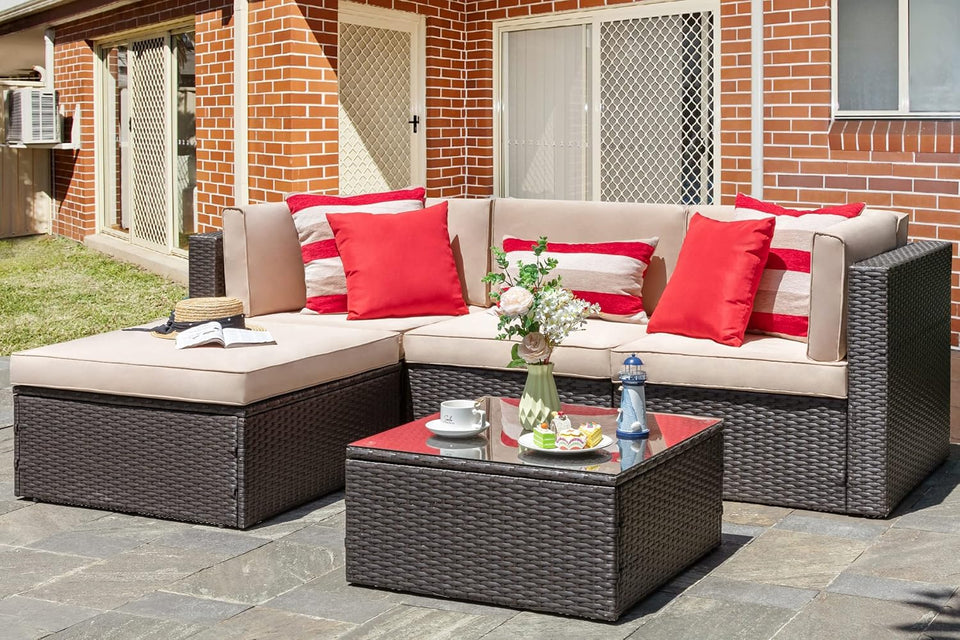 Vongrasig 5 Piece Patio Furniture Sets, Outdoor Patio Set Sectional Sofa, All-Weather PE Rattan Outdoor Couch with Ottoman, Glass Table for Garden, Backyard, Porch, Beige