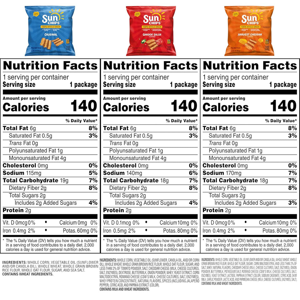 SunChips 100% Whole Grain Chips Variety Pack, 40 1 oz Bags, No Artificial Flavors or Colors