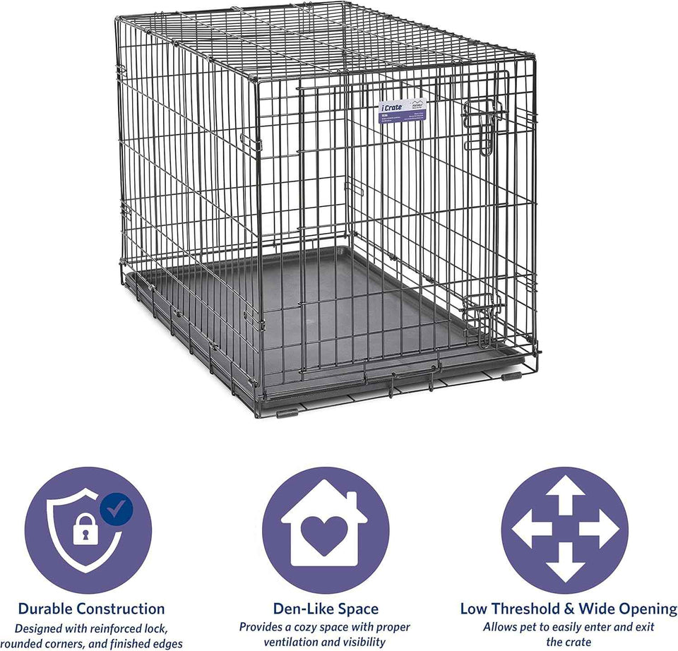 MidWest iCrate 36-inch metal wire dog crate with divider, leak-proof tray, and secure latches for medium large breeds