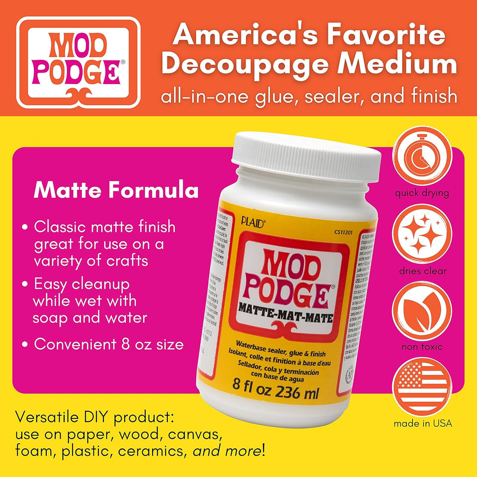 Mod Podge Matte Sealer, Glue & Finish: All-in-One Craft Solution- Quick Dry, Easy Clean, for Wood, Paper, Fabric & More. Non-Toxic - Craft with Confidence, Made in USA, 8 oz., Pack of 1