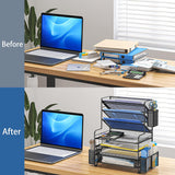 Simple Trending 7 Tier Desk File Organizer, Letter Tray Paper Organizer with Pen Holder and Metal Hanging Basket, Black