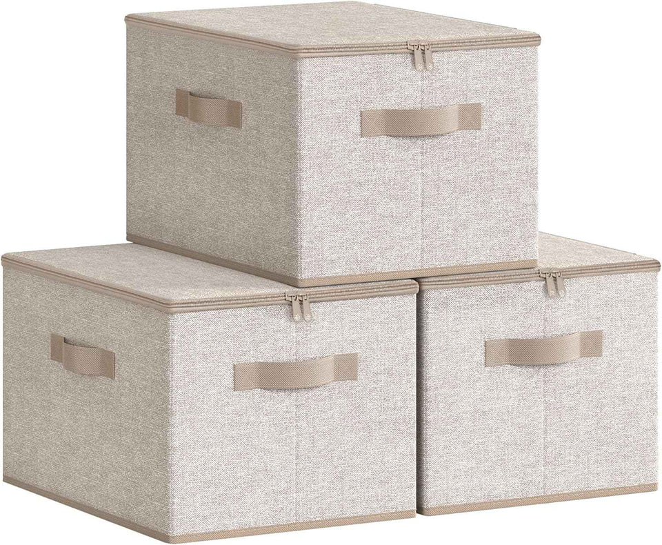 SONGMICS Foldable Storage Organizer Boxes - Set of 3 Fabric Bins with Lids and Handles