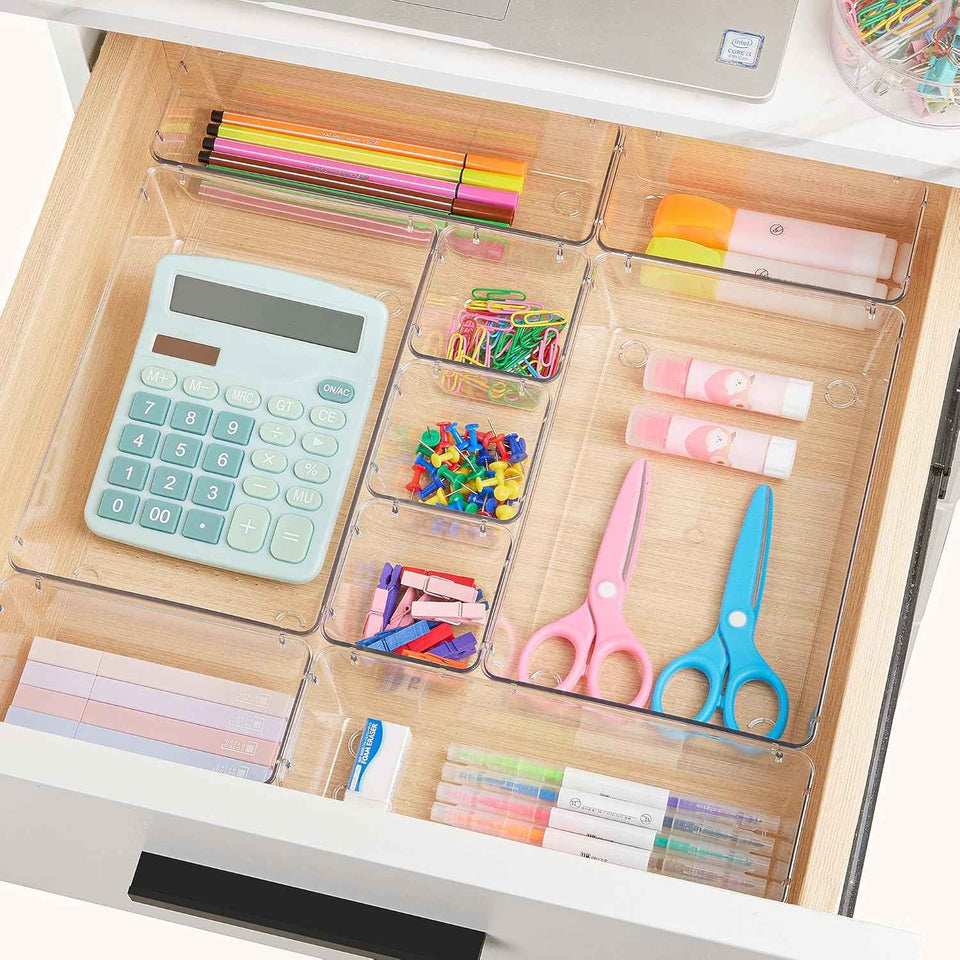 Vtopmart 44-Piece Clear Plastic Drawer Organizers, Versatile Storage Trays for Bathroom, Vanity, Bedroom, Kitchen