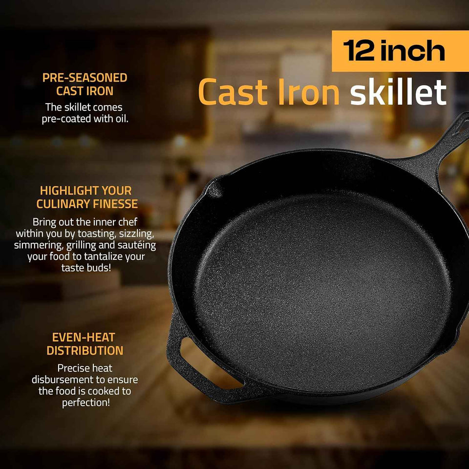 Utopia 12-inch pre-seasoned cast iron skillet, chef's pan for stovetop, oven, campfire, and grill use, black finish