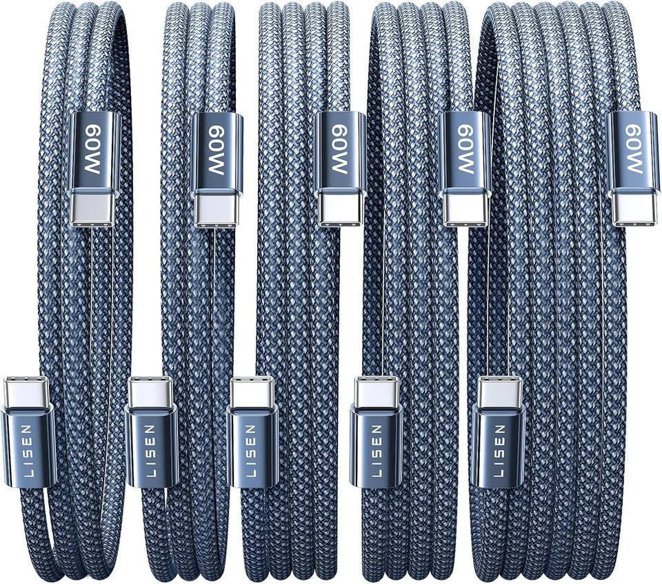 Lisen 5-pack usb c to c cable, 60w fast charging, 10ft for iphone 17, ipad, galaxy s25/s24