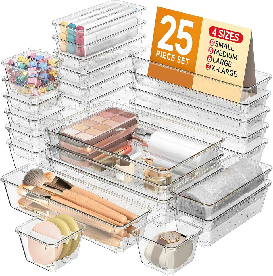 25 PCS Plastic Drawer Organizers Set, 4 Sizes Vanity Organizer, Makeup and Desk Drawer Organizer Trays, Organization and Storage for Makeup, Bathroom, Kitchen Utensils and Office (Black)