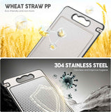 Double Sided 304 Stainless Steel & Wheat Straw Cutting Board with Non-Toxic Design, 14.4'' x 9.8'' Chopping Board, Dishwasher Safe