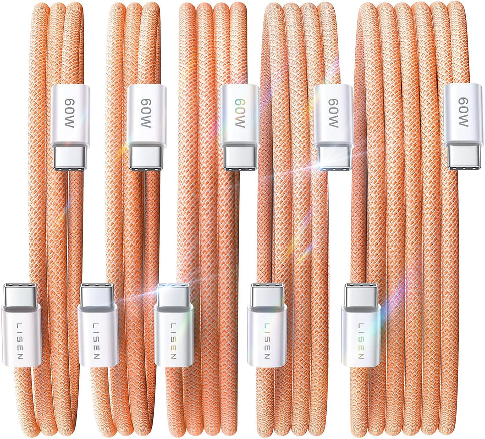 Lisen 5-pack usb c to c cable, 60w fast charging, 10ft for iphone 17, ipad, galaxy s25/s24