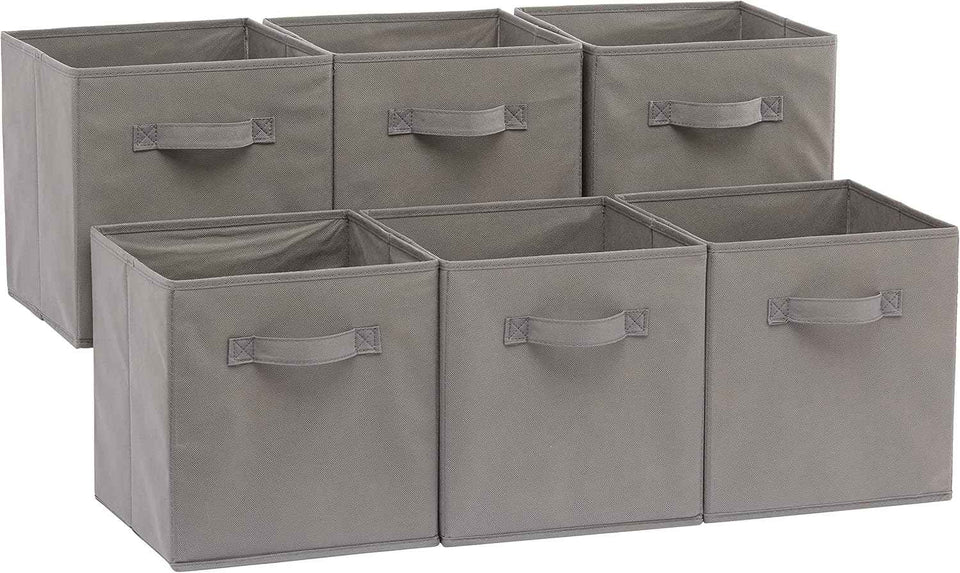 Amazon Basics Collapsible Fabric Storage Cubes Organizer with Handles, Sturdy, Beige, 10.5-x-10.5-x-11-inch, Pack of 6