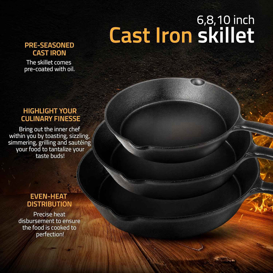 Utopia Kitchen 3-Piece Pre-Seasoned Cast Iron Skillet Set, 6-8-10 Inches, Black, Oven, Stove, Grill, Campfire Friendly