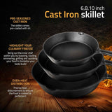 Utopia Kitchen 3-Piece Pre-Seasoned Cast Iron Skillet Set, 6-8-10 Inches, Black, Oven, Stove, Grill, Campfire Friendly