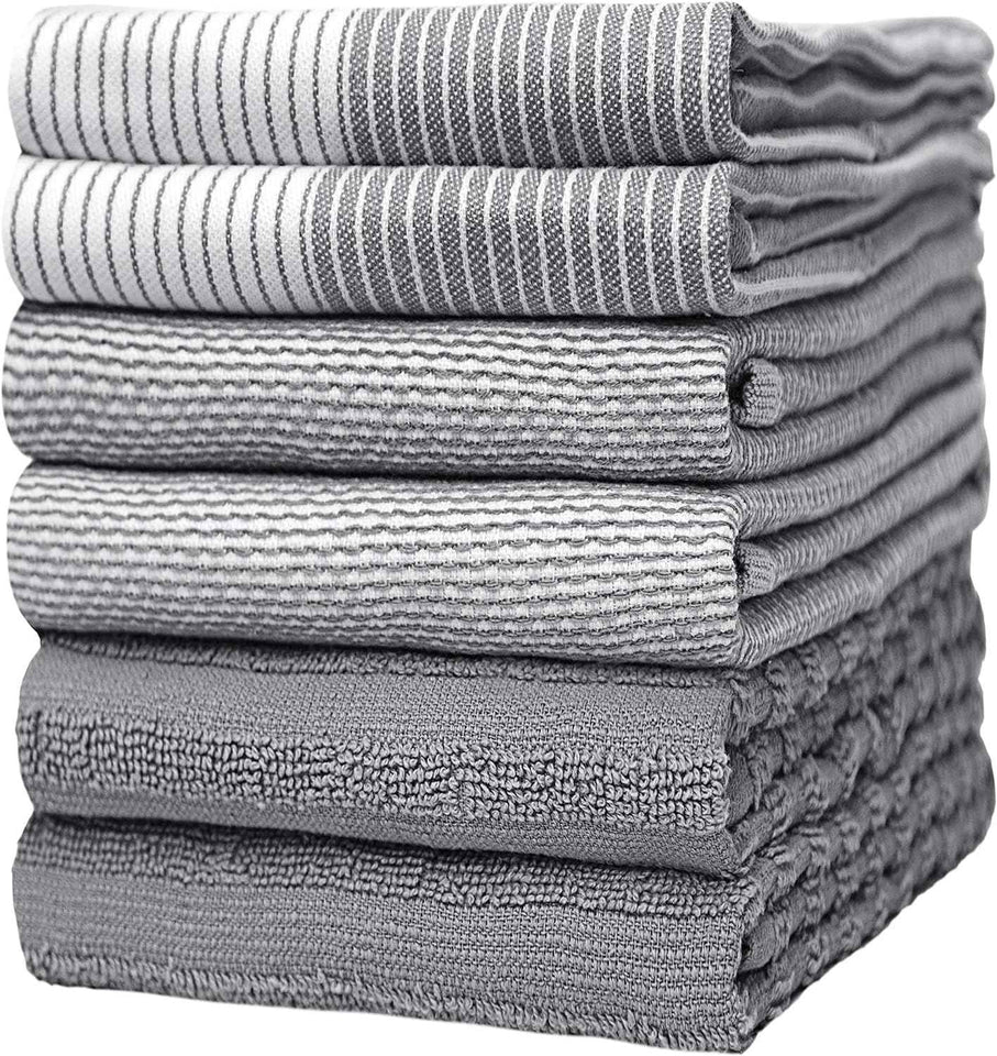 Premium Gray 20”x 28” Large Cotton Kitchen Hand Towels 6 Pack with Hanging Loop