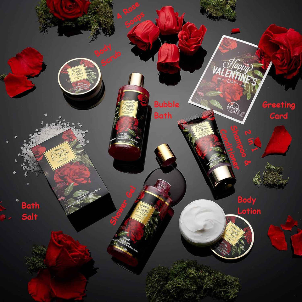 Exotic Rose Valentine Gift Basket for Women, Spa Bath and Body Gift Set with Rose Soaps and Bath Salts