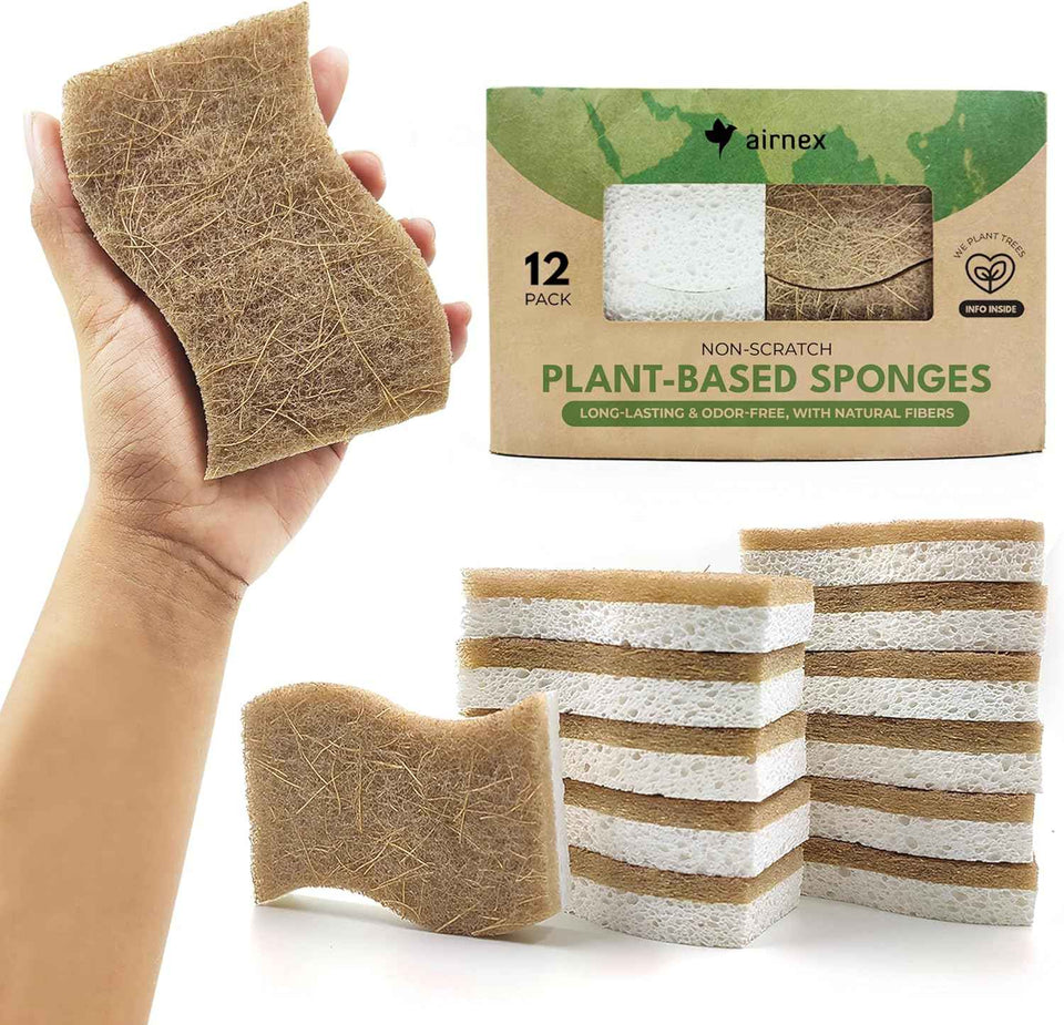 Natural Biodegradable Kitchen Sponge, 12 Pack, Compostable Cellulose and Coconut Walnut Scrubber
