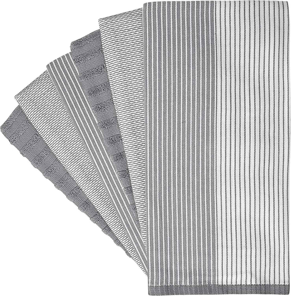 Premium Kitchen Towels (20”x 28”, 6 Pack) | Large Cotton Kitchen Hand Towel | Flat & Terry Dish Cloths | Highly Absorbent Tea Towels Set with Hanging Loop | Gray