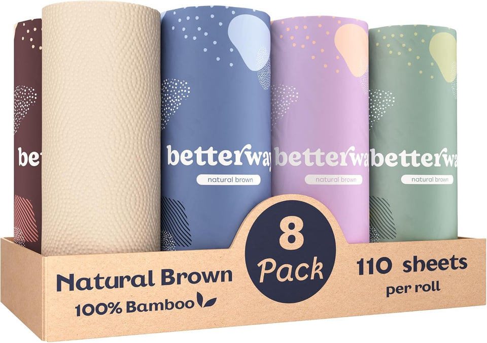 Betterway Bamboo Natural Brown Paper Towels, 8 Rolls, 2-Ply, 110 Sheets Each, Plastic-Free Disposable Kitchen Towels