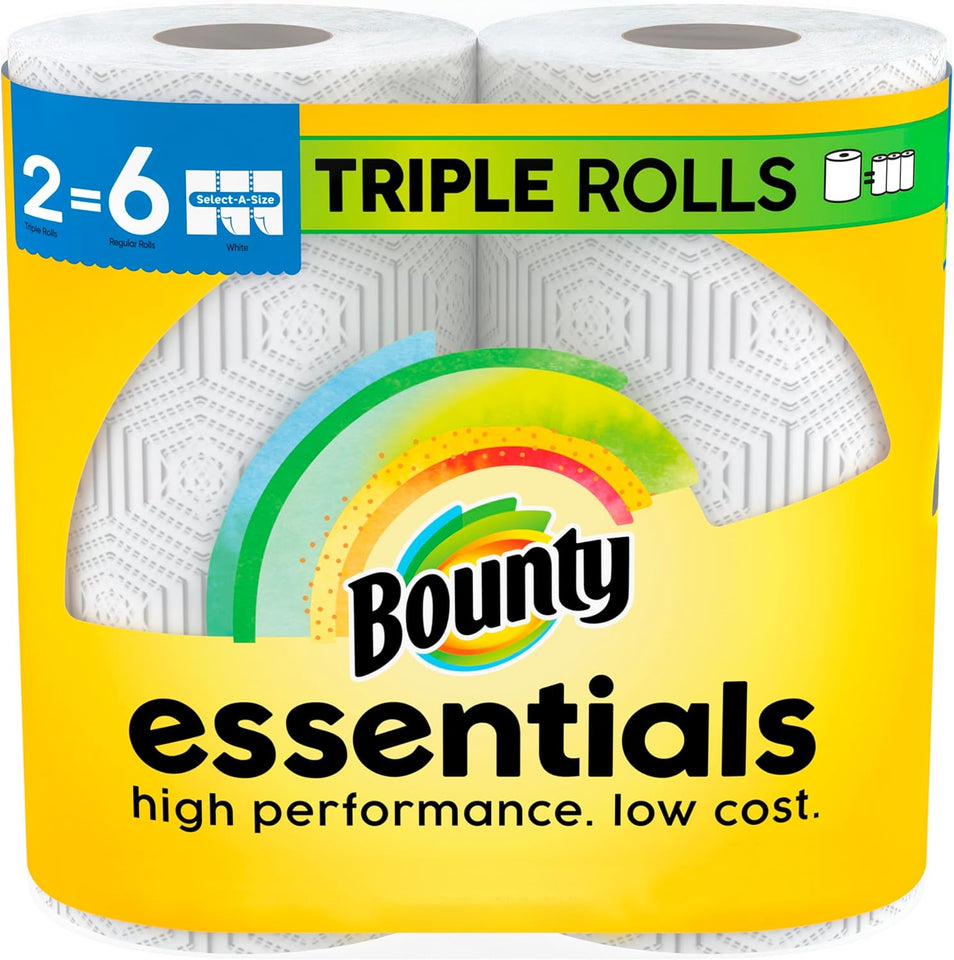 Bounty Essentials Select-A-Size Paper Towels, White, 2 Triple Rolls, Convenient Absorbency and Reduced Waste