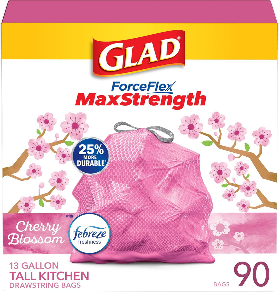 glad tall kitchen trash bags 13 gallon maxstrength cherry blossom scent garbage bags with drawstring 90 count