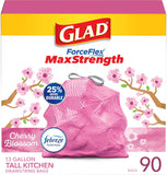 glad tall kitchen trash bags 13 gallon maxstrength cherry blossom scent garbage bags with drawstring 90 count for everyday household use