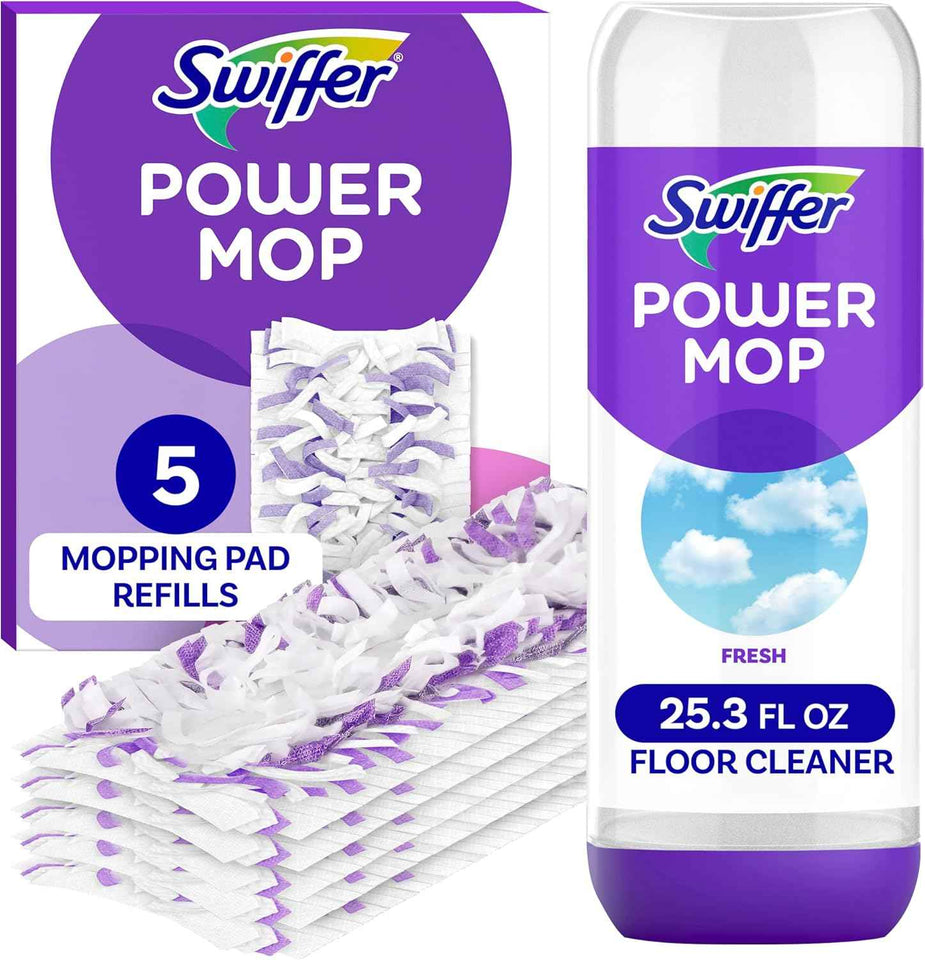Swiffer power mop refill pack, 5 pads + lavender solution, for tile, vinyl, laminate, wood floors in home, bathroom, kitchen
