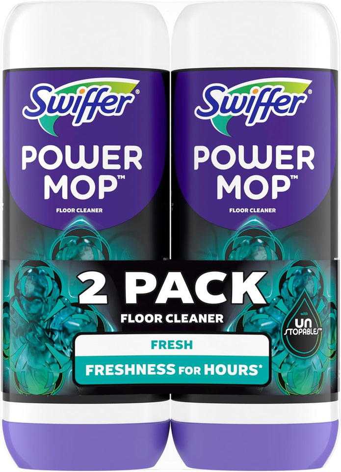 swiffer powermop unstopables fresh scent floor cleaning solution refills, 2 pack, 25.3 fl oz bottles